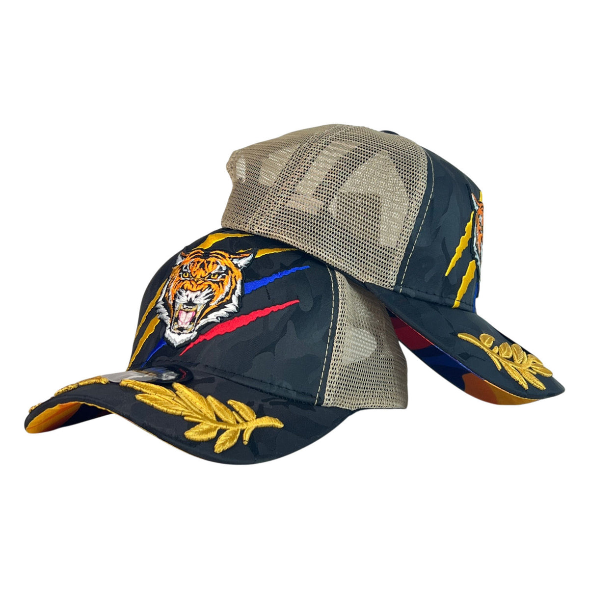 Gorra Colombia Camo con Bordado de Tigre y Malla Beige.