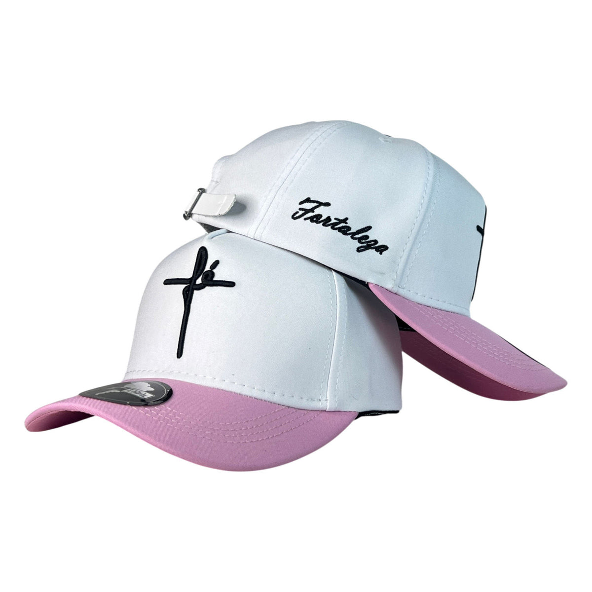 Gorra FE Blanca con Visera Rosa y Bordado en Relieve.