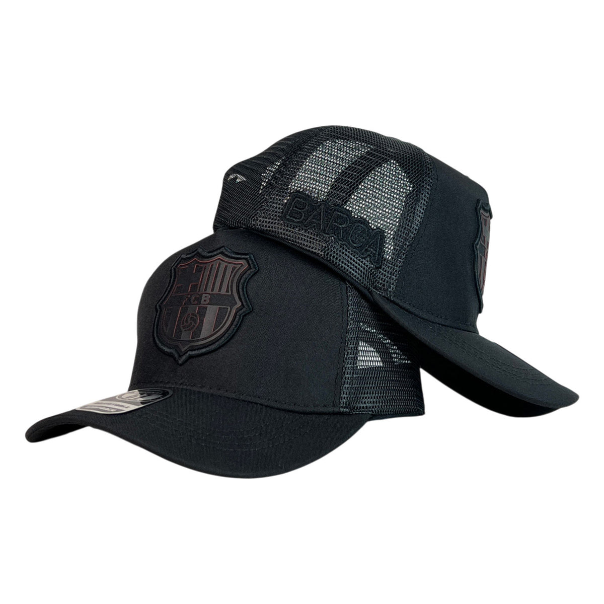 Gorra Barcelona Negra con Malla Negra y Bordado en Relieve.