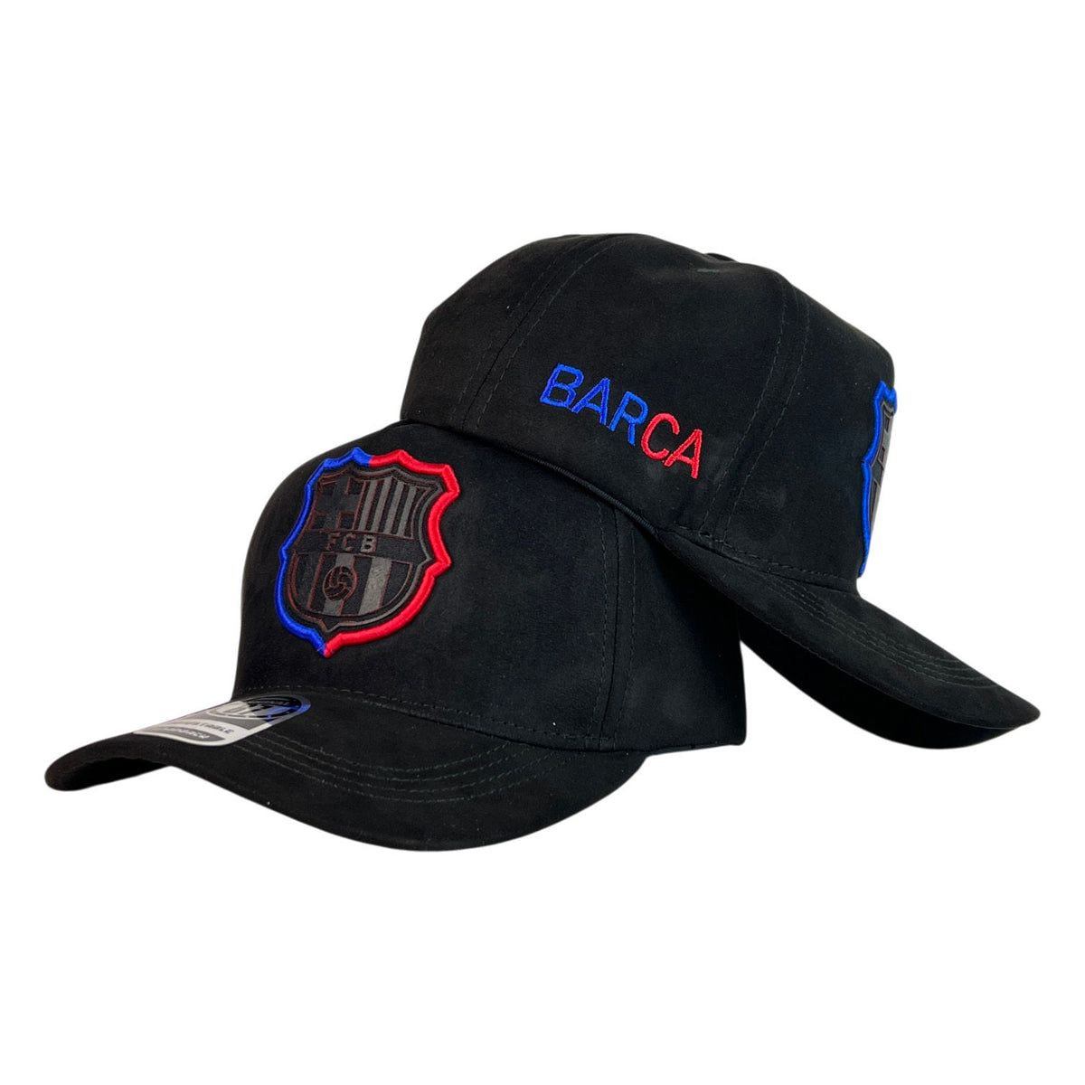 Gorra Barcelona Negra en Gamuza con Escudo Bordado y Bordado Lateral.