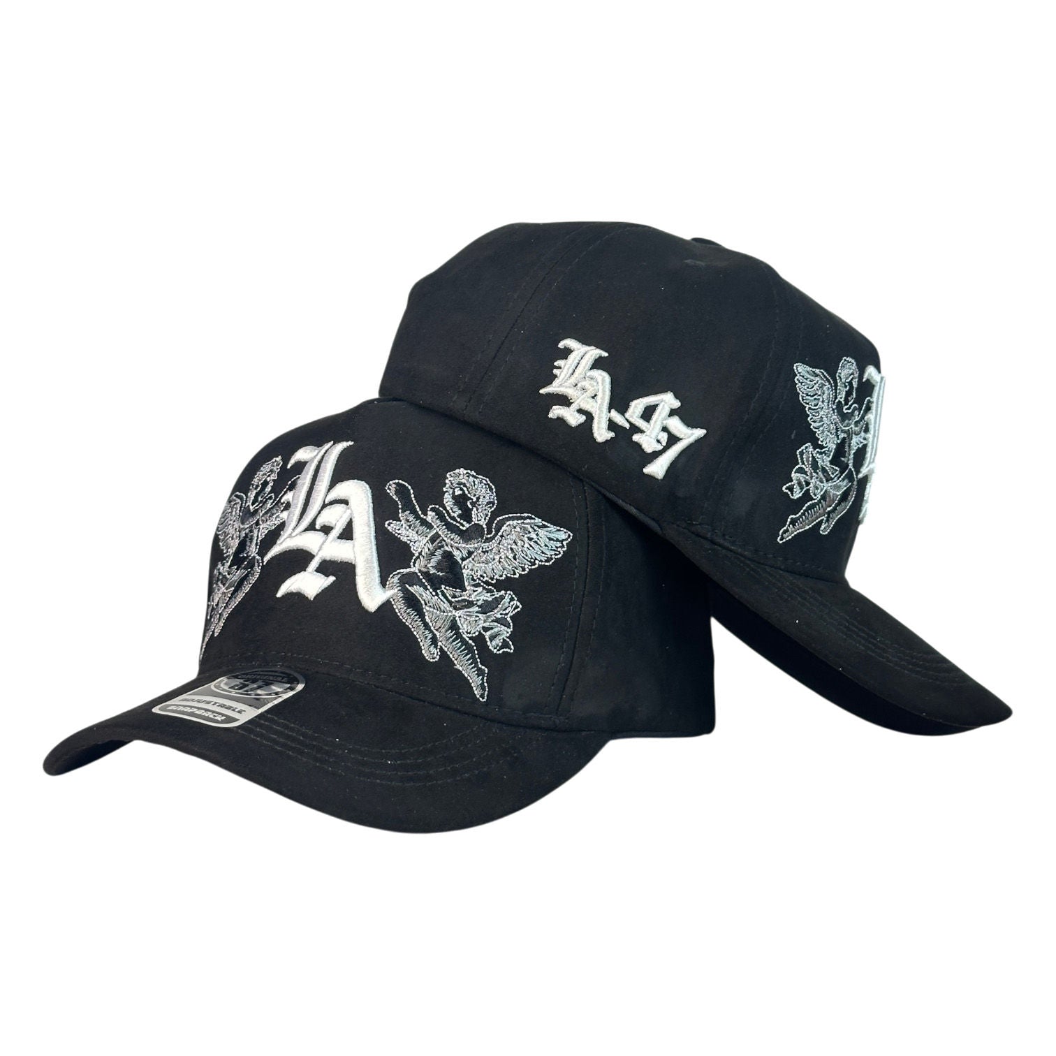 Gorra Full Caps Negra con Bordado de Ángeles y Bordado en Relieve.