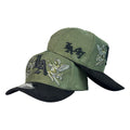 Gorra Full Caps Verde en Gamuza con Bordado de Ángeles y Visera Negra.
