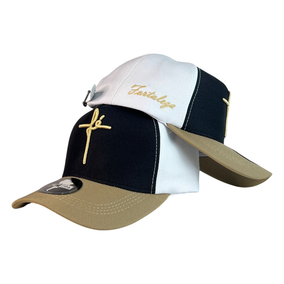 Gorra FE Negra y Blanca con Visera Beige y Bordado en Relieve.