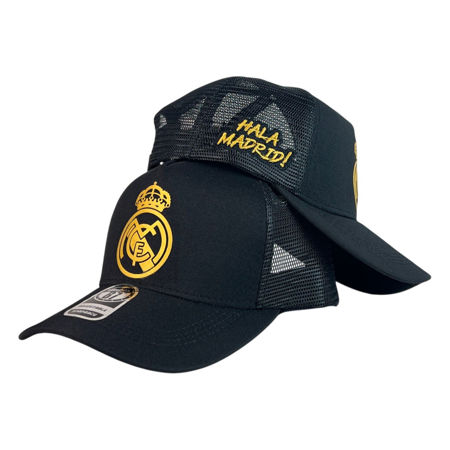 Gorra Real Madrid Negra con Malla Negra y Bordado en Relieve.