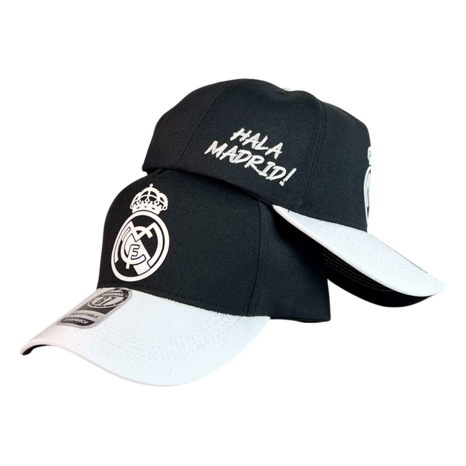 Gorra Real Madrid Negra con Visera Blanca y Bordado en Relieve.