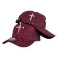 Gorra FE Vinotinto en Gamuza con Bordado de Cruz y Cierre de Cuero.