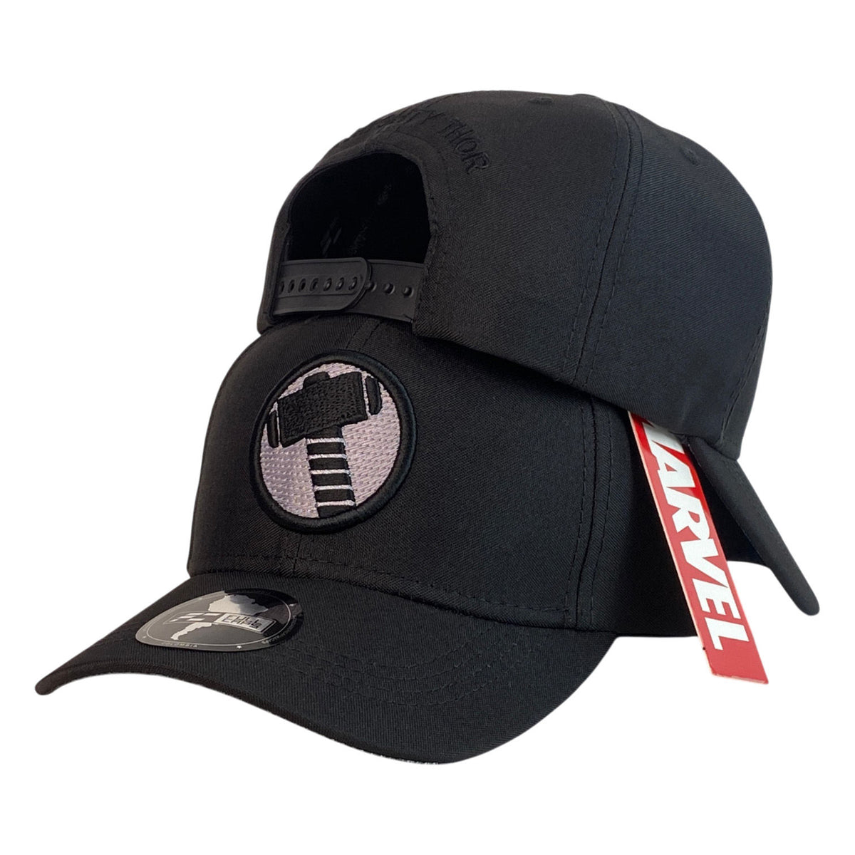 Gorra Marvel Negra con Bordado de Martillo y Bordado en Relieve.