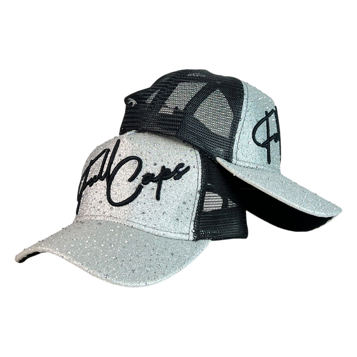 Gorra Full Caps Plateada con Cristales y Malla Negra.