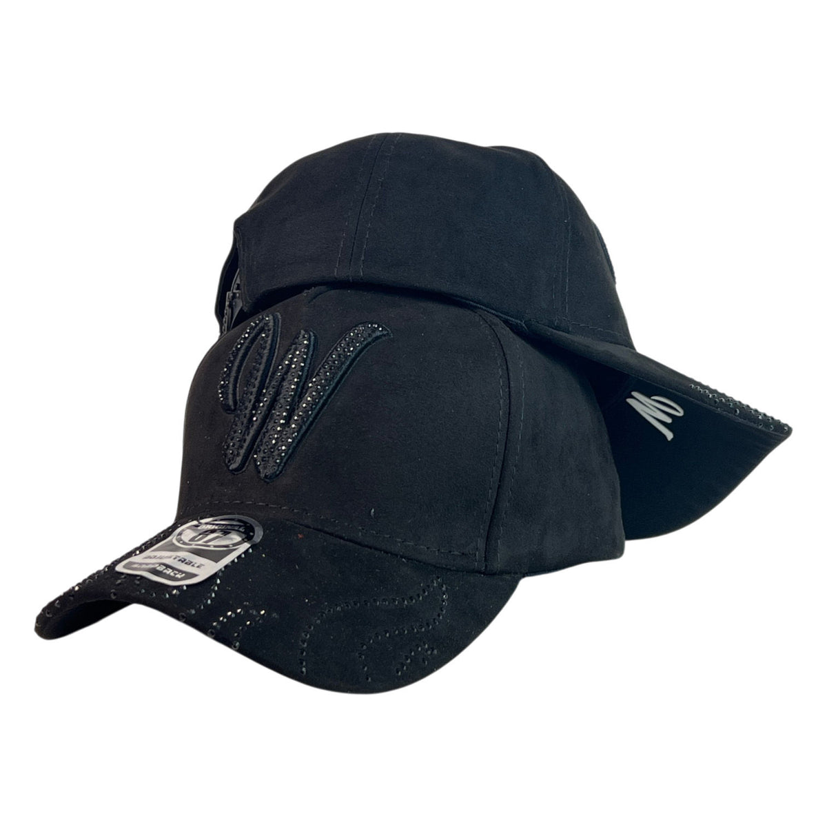 Gorra Equipos Negra en Gamuza con Cristales y Bordado en Relieve.