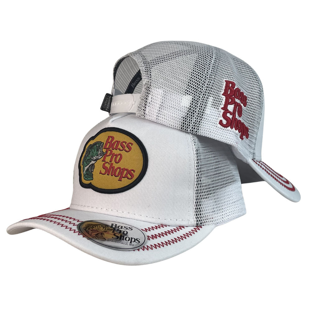 Gorra Bass Pro Shop Blanca con Malla Blanca y Bordado en Relieve.