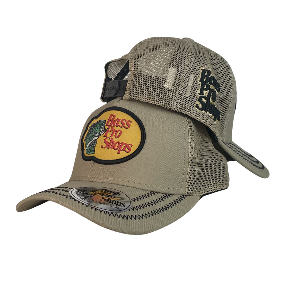 Gorra Bass Pro Shop Beige con Malla Beige y Bordado en Relieve.