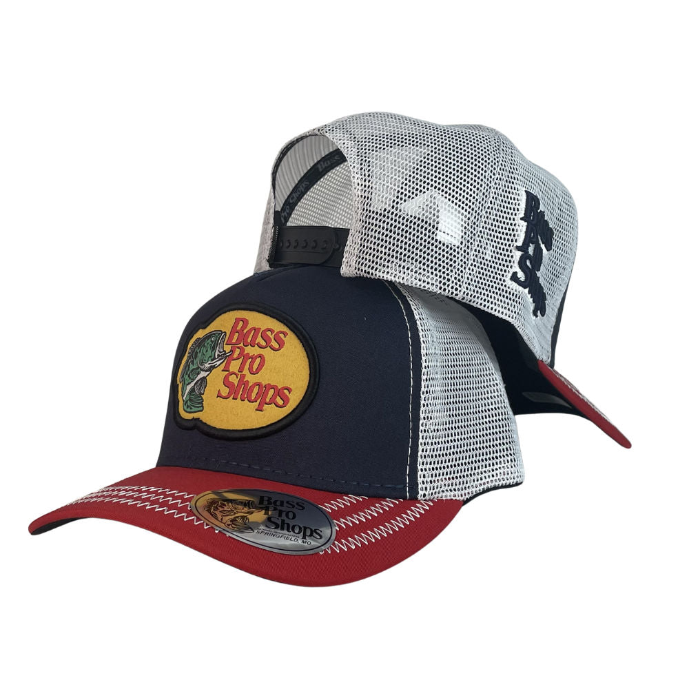 Gorra Bass Pro Shop Azul con Malla Blanca y Visera Roja.