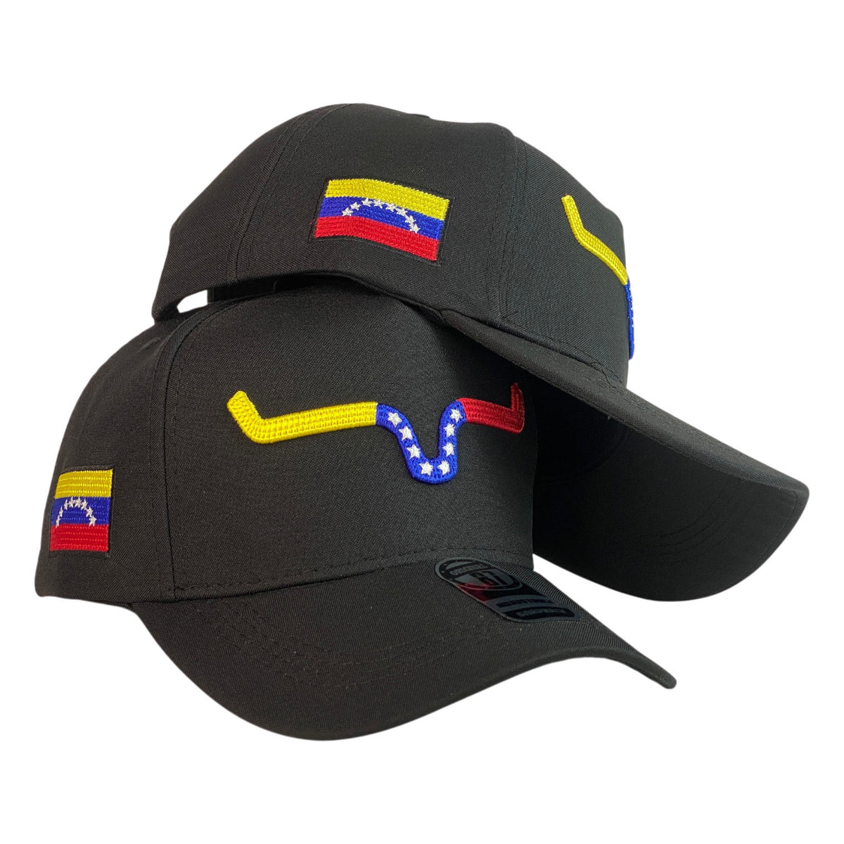 Gorra Venezuela Negra con Bordado de Bandera y Bandera Lateral.