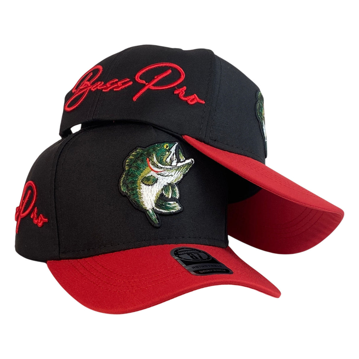 Gorra Bass Pro Shop Negra con Visera Roja y Bordado en Relieve.