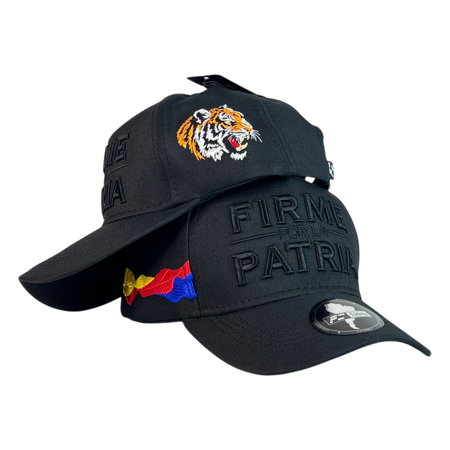 Gorra Colombia Negra con Bordado en Relieve y Bordado de Tigre.